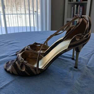 FIONI Strappy Heels in Black and Brown Zebra Pattern